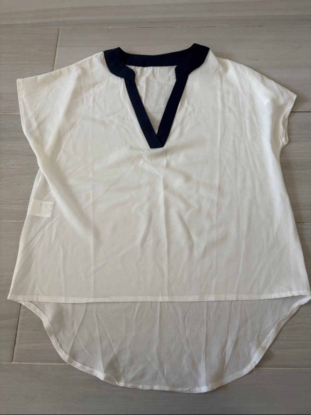 Women’s White Split-Neck Top with Navy Trim
